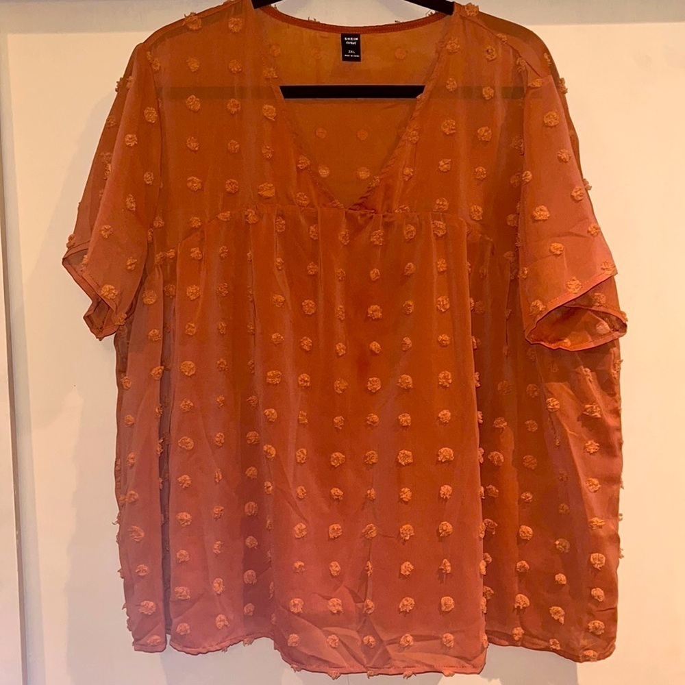 Shein polka dot top, v neck rust color sheer, with lining baby doll top 3XL